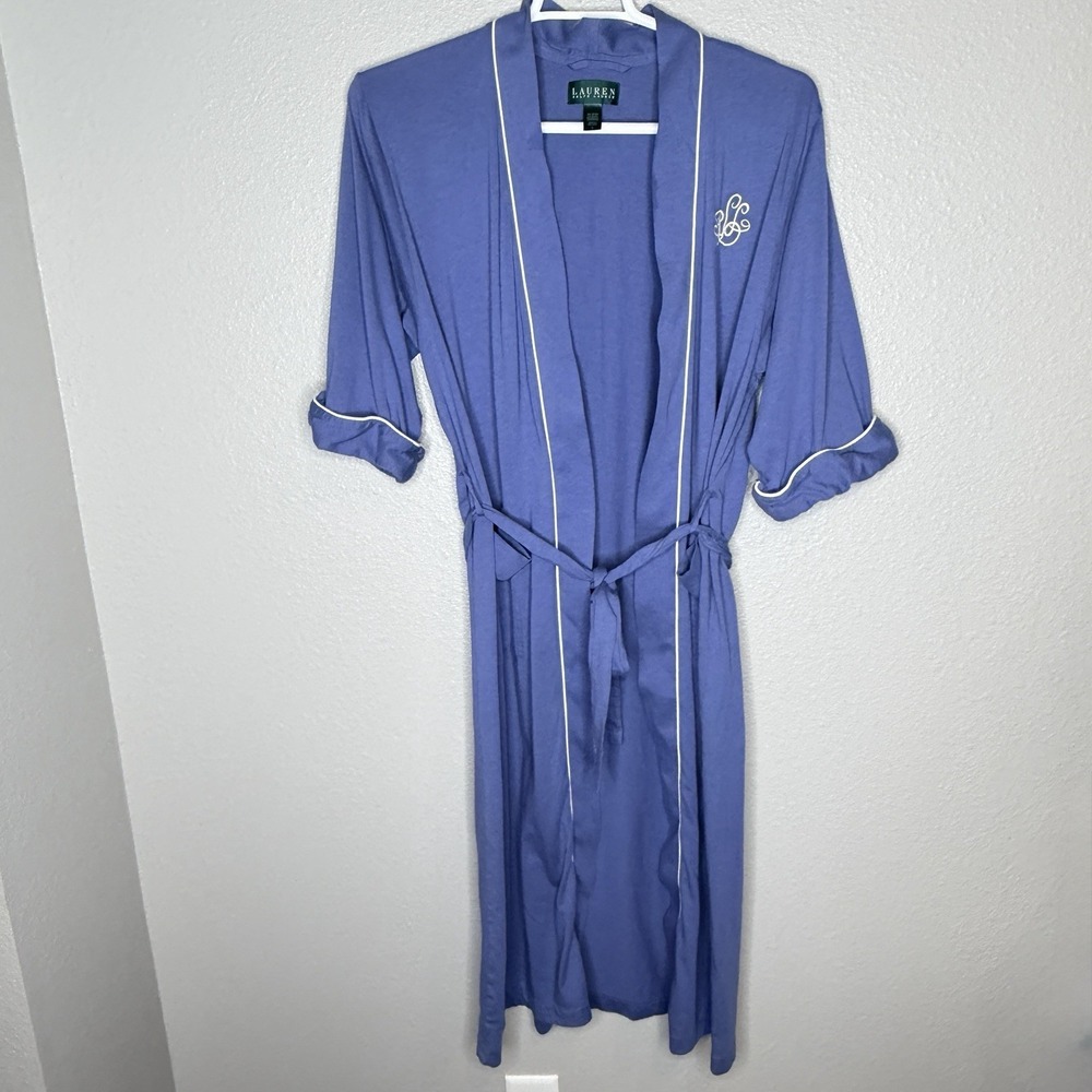 Lauren Ralph Lauren Robe Blue Womens L Belted Wrap Soft Monogram‎ Logo Lounge